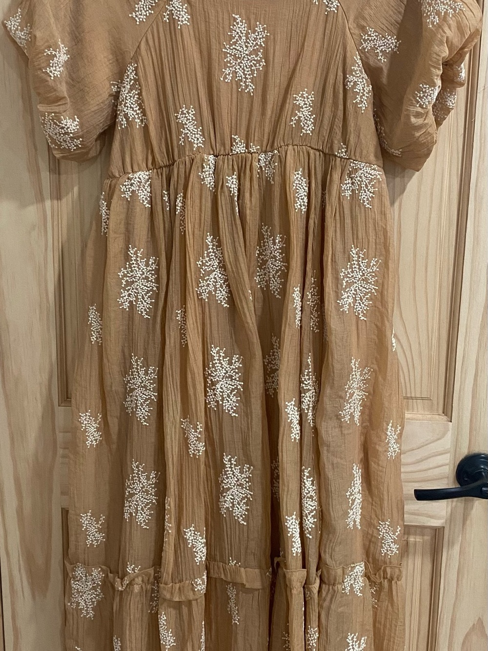 Boho Embroidered Tan Maxi Dress with White Floral Accents
